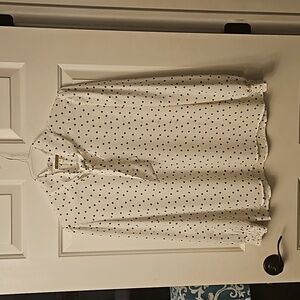 Pleione women's blouse white with black polkadot, long sleeved